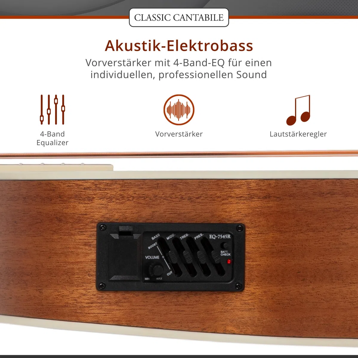 Classic Cantabile Jumbo Akustik Bass mit Tonabnehmer - 4 Saitige Bassgitarre - Jumbo mit Cutaway - Fichtendecke, Mahagoni-Korpus, Mahagoni-Hals, Palisander-Griffbrett - Farbe & Finish in Natur Matt