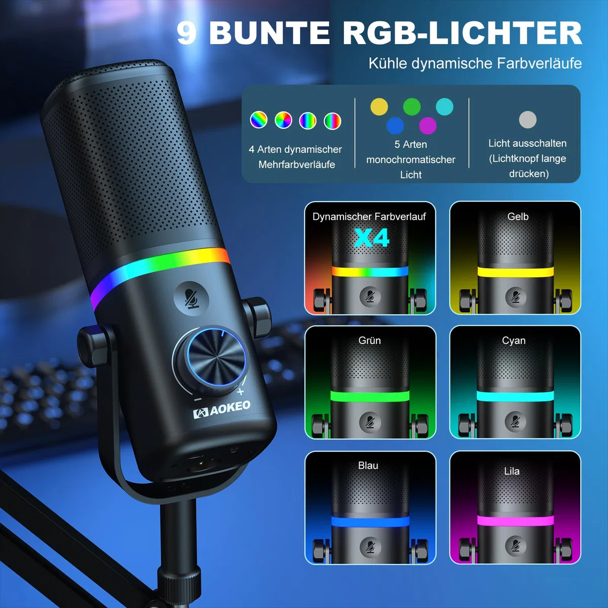 aokeo Mikrofon PC mit Mikrofonarm,AK-10 USB/XLR Dynamisches Gaming Mikrofon für Podcast,Streaming mit RGB-Beleuchtung,Lautstärkeregler,Stummschalttaste und Rauschunterdrückung (Weiß)