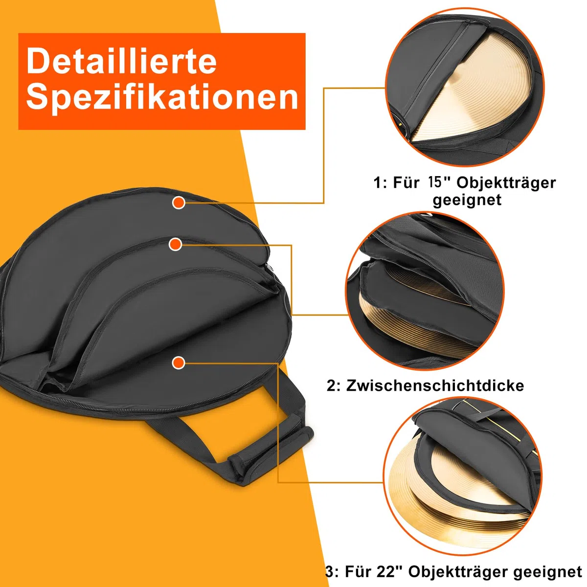 OUUTMEE 22" Beckentasche 600D Wasserdichtes Oxford-Gewebe Cymbalbag mit Gepolsterter Trennwand Platz für 5 Raobao,15" Außentasche, mit Komfortabler Tragegriff,Schwarz