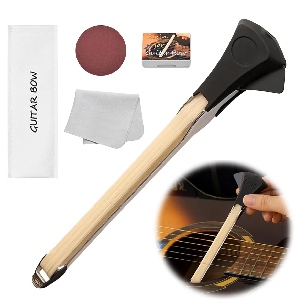 Amycute Bogen für Gitarre, Guitar Bow mit Kolophonium, Doppelseitiger Gitarrenbogen mit Integriertem Plektrum, Mehrzweck-Zupfsaiten-Werkzeug, Geschenk für Gitarrenliebhaber.
