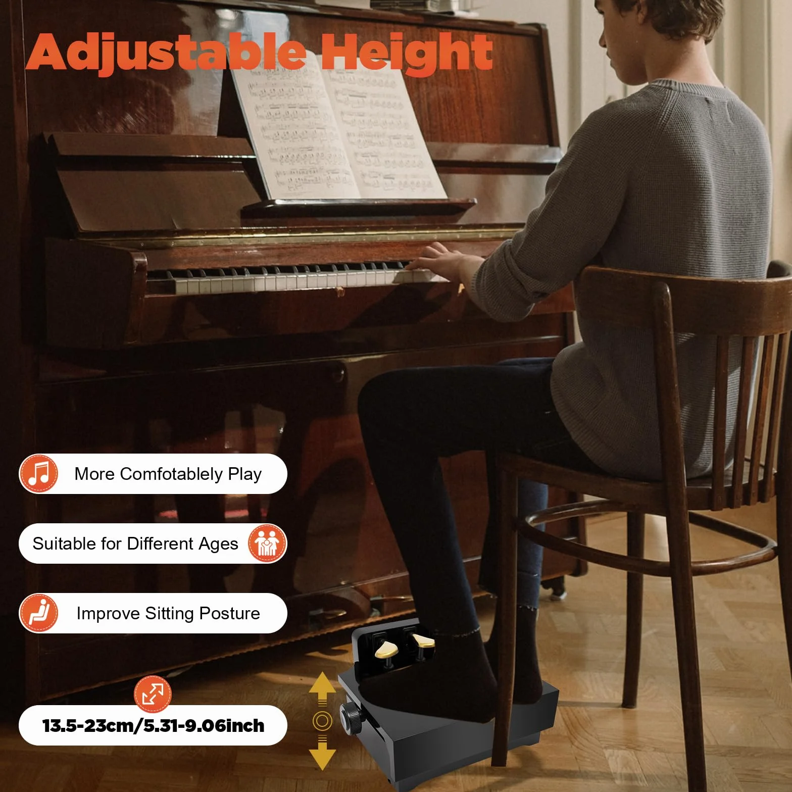 Klavier Pedal Extender Bank Pedalverlängerung Höhenverstellbar Pedaleffekt Bank mit 3 Pedalen für vertikales Klavier, elektronisches Klavier, Flügel, Schwarz