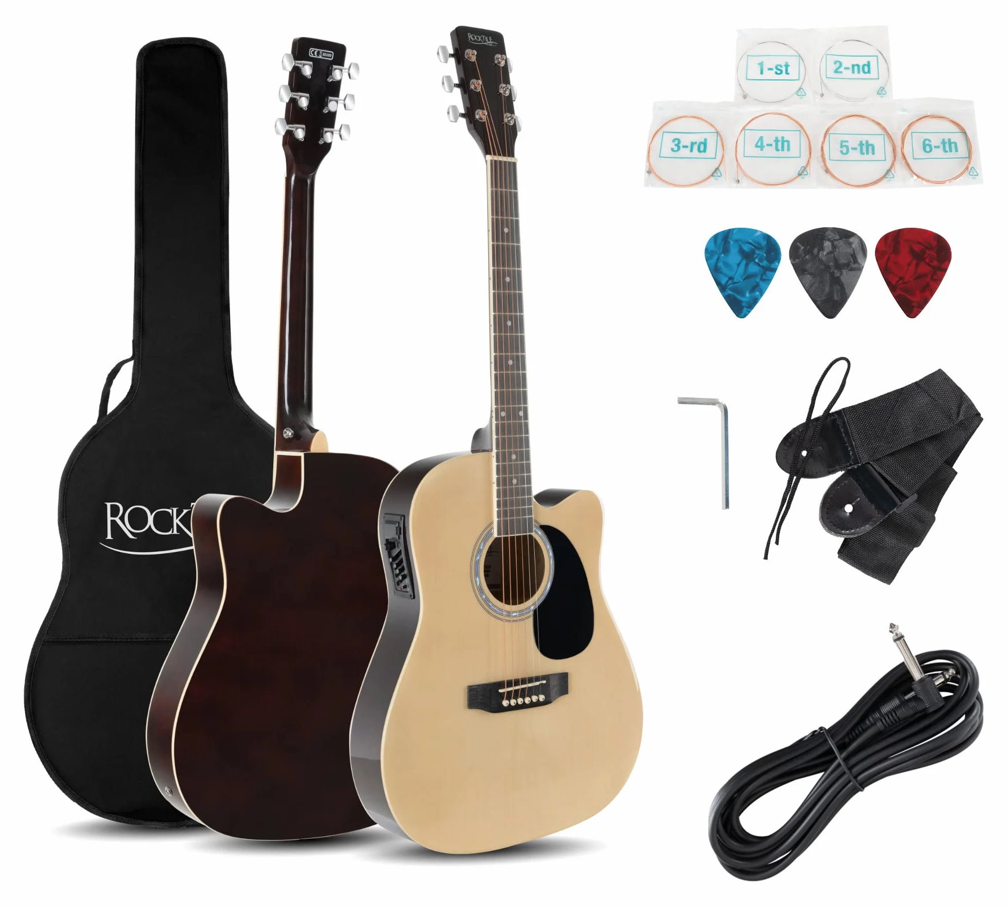 Rocktile WSD-8CE-NT Slim Line Westerngitarren Set - Dreadnought Akustik Gitarre - Westerngitarre mit Tonabnehmer im Set inkl. Tasche, Gurt, Kabel, Ersatzsaiten und Plektren - Natural