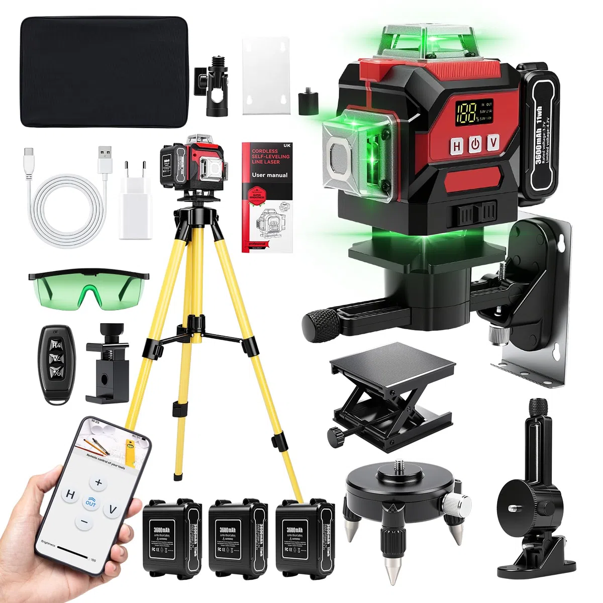 Kreuzlinienlaser Grün 16 Linien Nivellierlaser mit Stativ, 4 x 360 ° Laser Wasserwaage, Baulaser Kreuzlaser Linienlaser mit 3 x 3600mAh Batterie, Selbstnivellierend/APP/Fernbedienung/IP54/Typ C