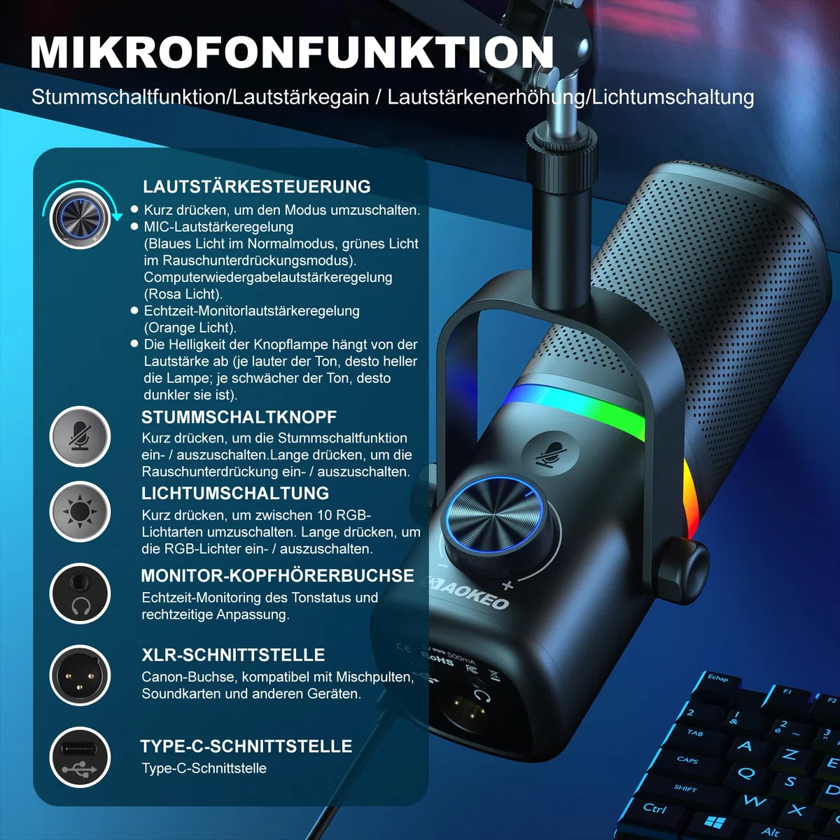 aokeo Mikrofon PC mit Mikrofonarm,AK-10 USB/XLR Dynamisches Gaming Mikrofon für Podcast,Streaming mit RGB-Beleuchtung,Lautstärkeregler,Stummschalttaste und Rauschunterdrückung (Weiß)