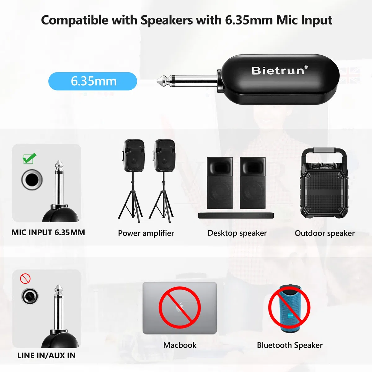 Bietrun UHF drahtlos Headset Mikrofon wiederaufladbar Funkmikrofon 50M Reichweite 6 Stdn. Laufzeit 6,35mm Klinke für Verstärker Karaoke Lautsprecher PA Anlage Unterricht Vortrag Fitness Lehrer Schwarz