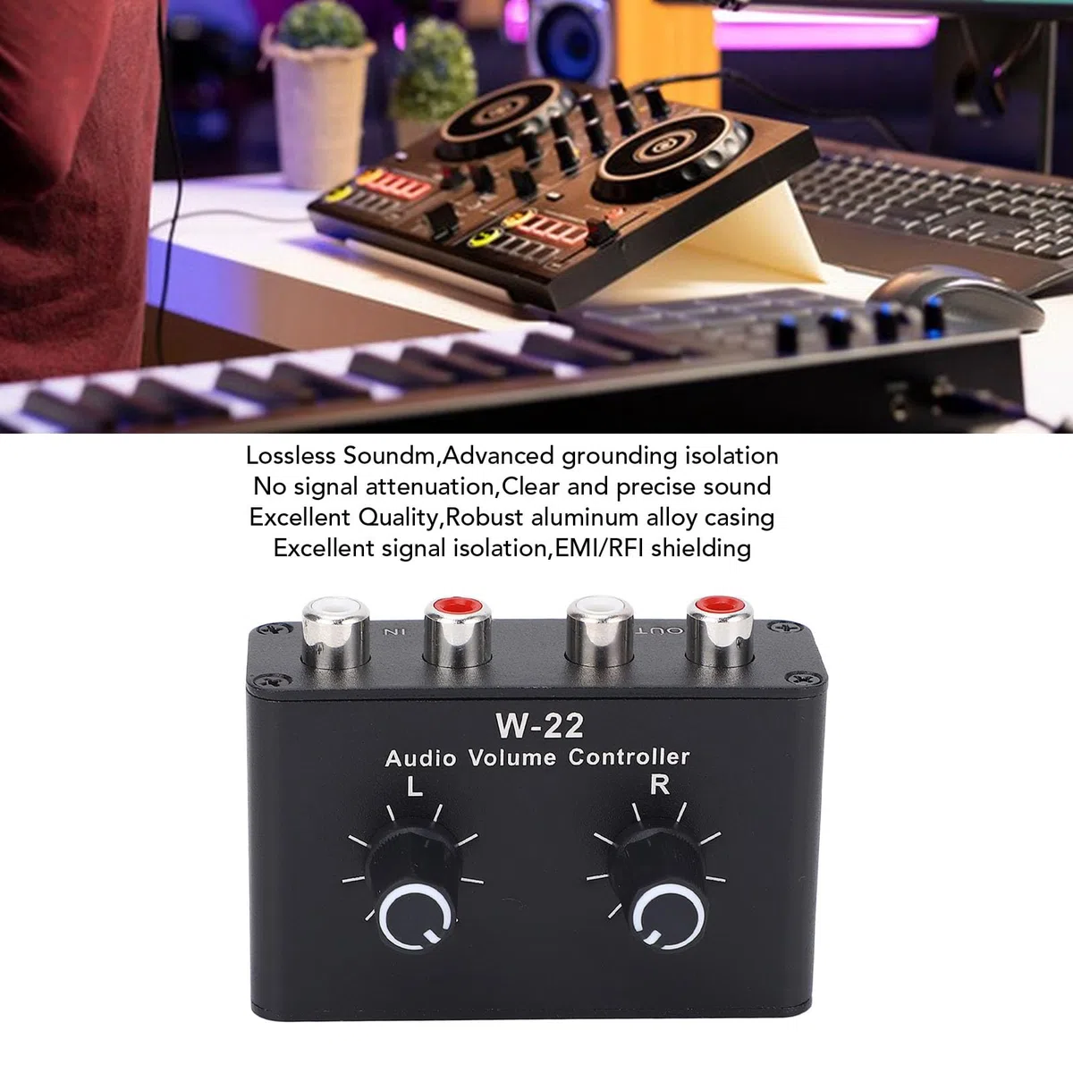 3,5 mm Lautstärkeregler Box, passiver Stereo Abschwächer mit L/R Kanal Balance, Plug and Play Drehregler für Heimstudio, HiFi, Aluminium, Schwarz, 1 Stück