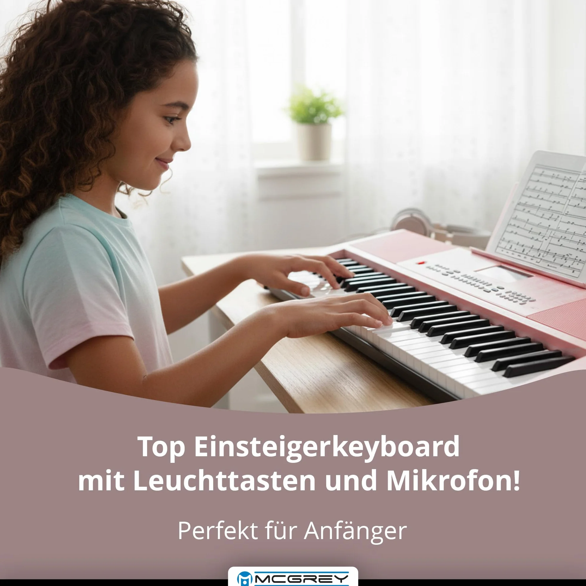 McGrey LK-6120-MIC Keyboard - Einsteiger-Keyboard mit 61 Leuchttasten - 255 Sounds und 255 Rhythmen - 50 Demo Songs - Inklusive Mikrofon - Pink