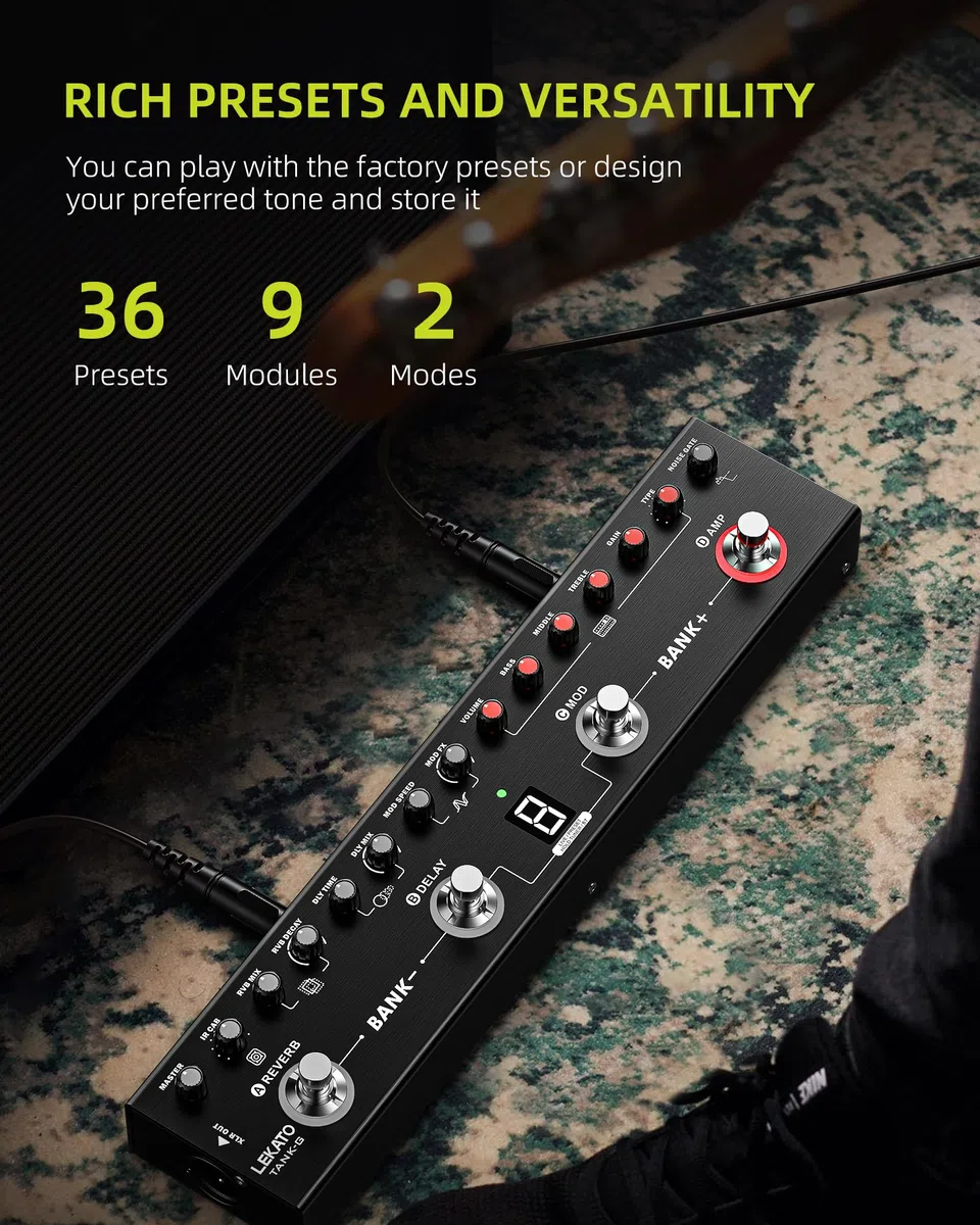 LEKATO Gitarren-Multieffektpedal, 36 Presets, 9 Verstärker, 8 IRs (IR-Laden), App-Steuerung, Bluetooth-Musikwiedergabe, USB-Aufnahme, 12-Stunden-Akku, Kopfhörerausgang, TANK-G