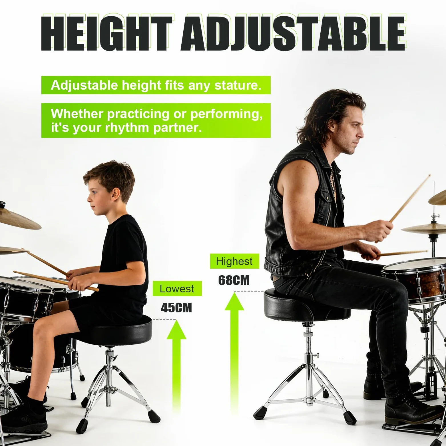 Schlagzeughocker, höhenverstellbarer gepolsterter Schlagzeughocker(45-68cm), Schwenkbarer und Stabiler Drummersitz für Schlagzeug und Gitarre.