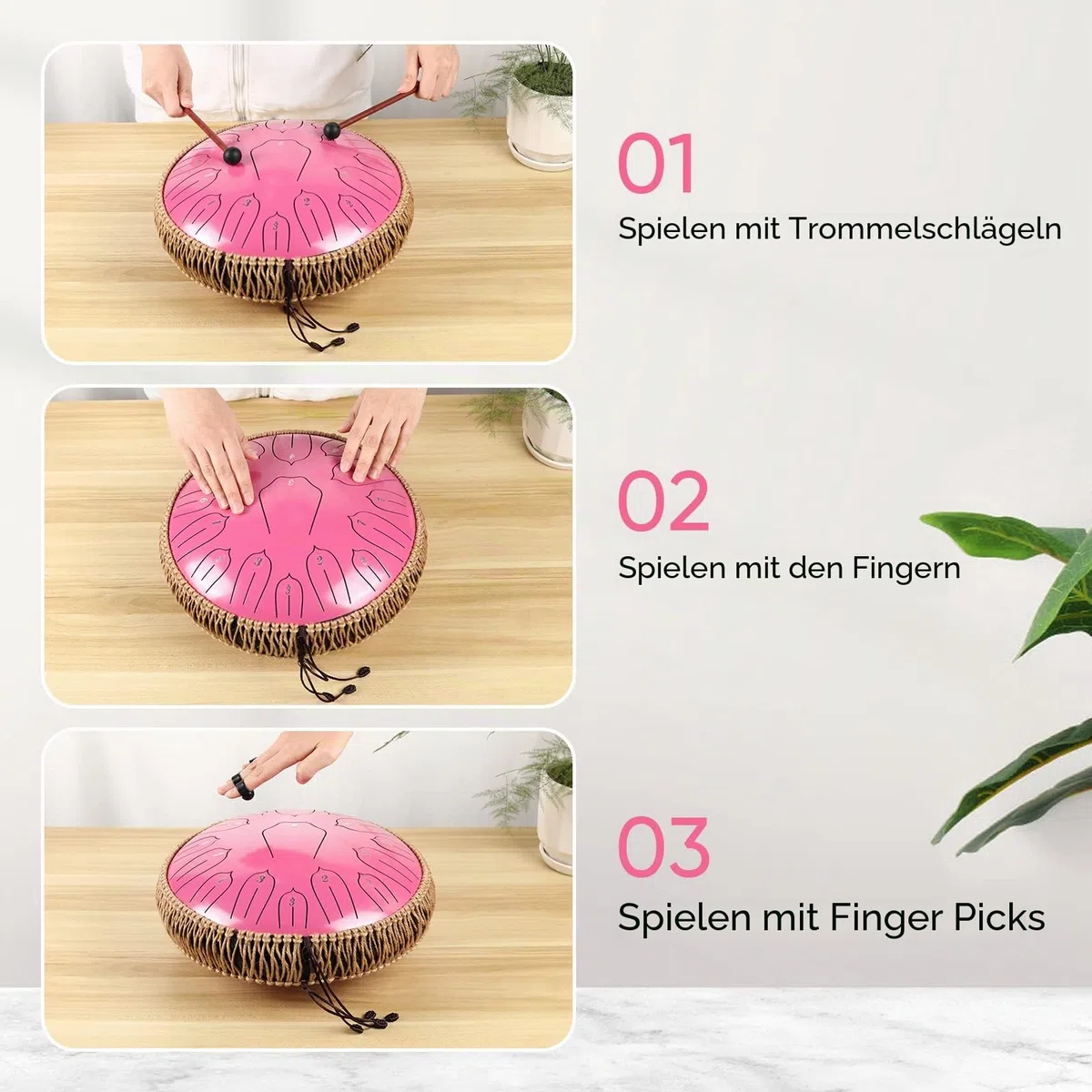 Musfunny Zungentrommel Handpan Steel Tongue Drum: 12 Zoll 15 Tone Stahlzungentrommel D-Dur Handpan Instrument mit Musikbuch Tragetasche für Geburtstagsgeschenk Meditation Yoga (Rosa)