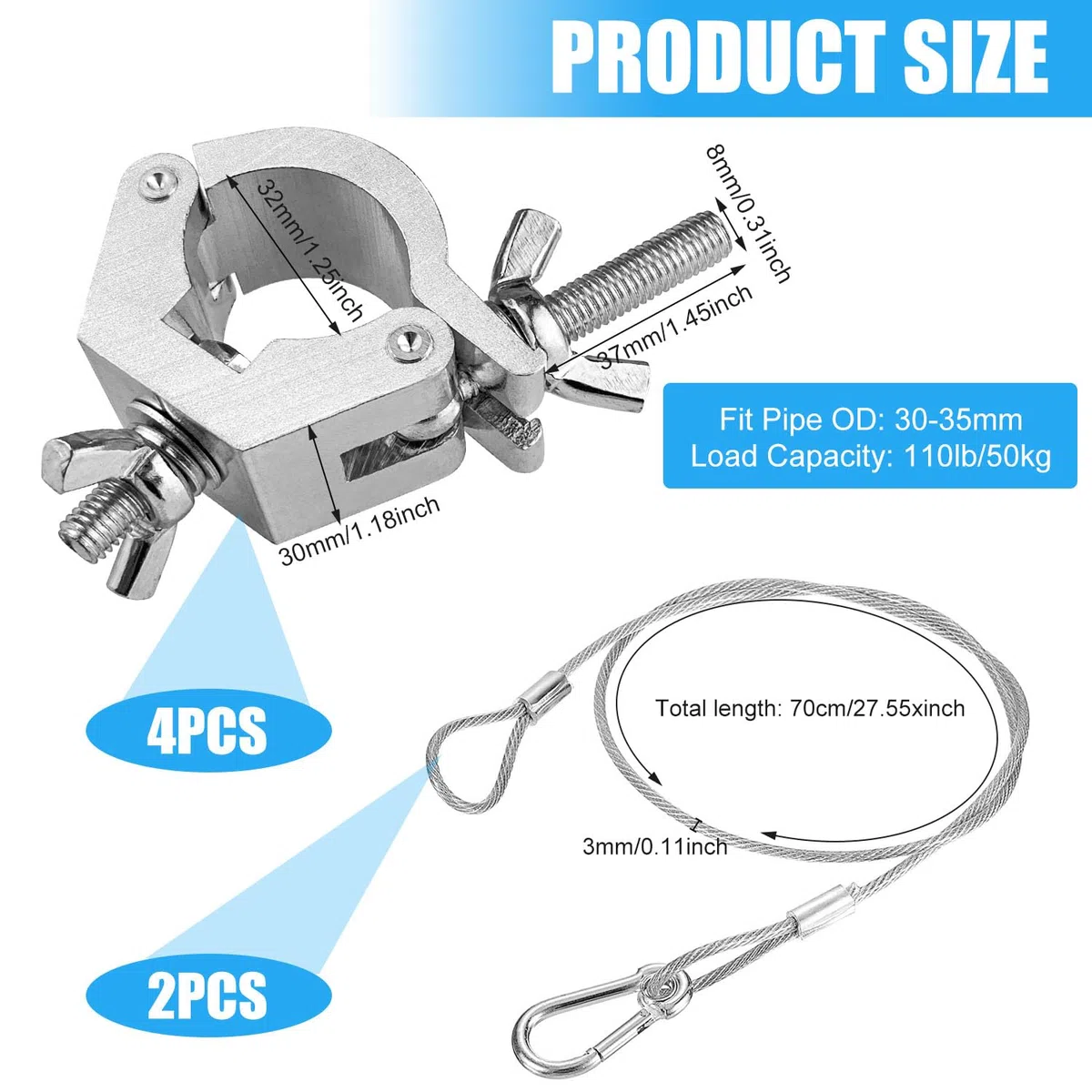 Traversen Klemme 30-35mm O Clamp mit 2 Edelstahl Fangseil 6PCS | Bühnenlichthaken, Beweglicher Kopf, für Leuchten, Bühnenbeleuchtungsausrüstung und Zubehör, 80KG Ladekapazität Truss O Clamp