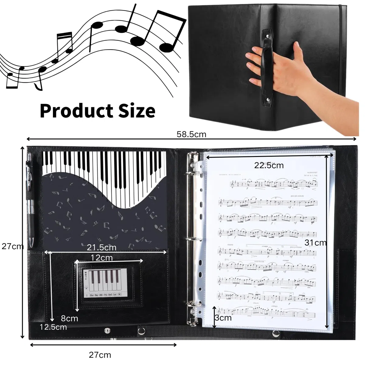 Musfunny Notenmappe für Chornoten: Chormappe Aus PU Leder mit 3 Ringen Griff Und Gummiband – Mappe A4 für Chorsänger Bands und Bühnenauftritte