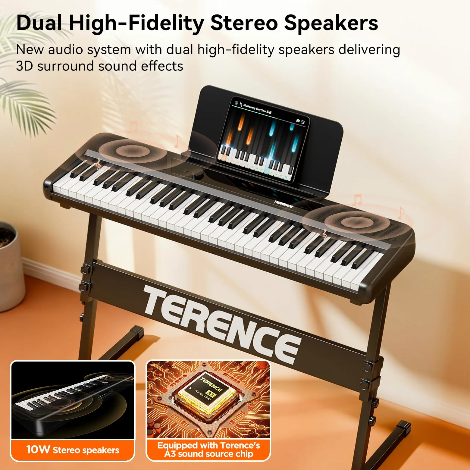 TERENCE Keyboard Piano 61 Tasten Klavier mit Ständer – Tragbares E-Piano für Kinder & Erwachsene 10W Lautsprecher Touch Response 128 Klänge Metronom & Aufnahmefunktion