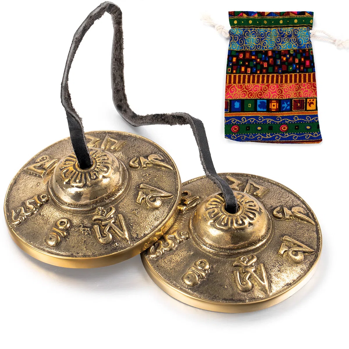 Boao Tibetische Tingsha-Becken Meditationsglocken mit tibetischem Kordelzug-Tuchbeutel, 6,3 cm Meditations-Glocken, für Percussion-Instrument (Om Mane, Padme Hum Symbole, geprägt)