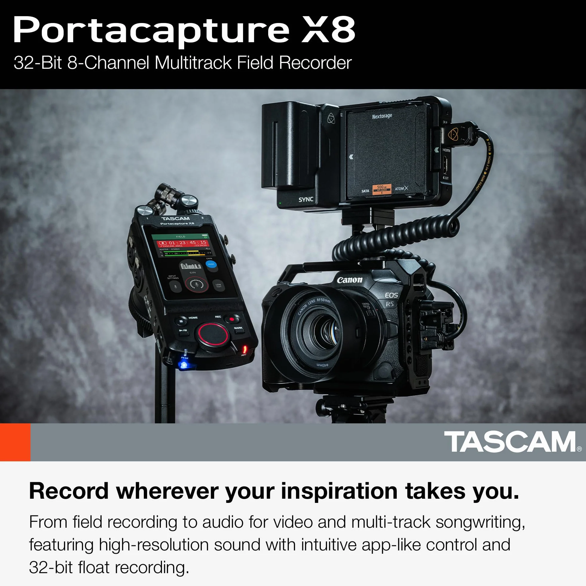 Tascam Portacapture X8 - Portabler 6+2-Spur High-Resolution 32-bit/192-kHz Rekorder, USB2.0, schwarz, portabel