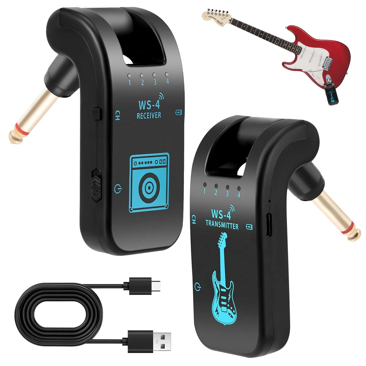 Kabelloses Gitarrensystem, 2,4GHz Kabelloses Gitarrensystem mit 8 Kanälen Wiederaufladbarer Audio Drahtlos Sender Empfänger für Gitarre Bass Elektrische Instrumente, 48K/16bit, Black