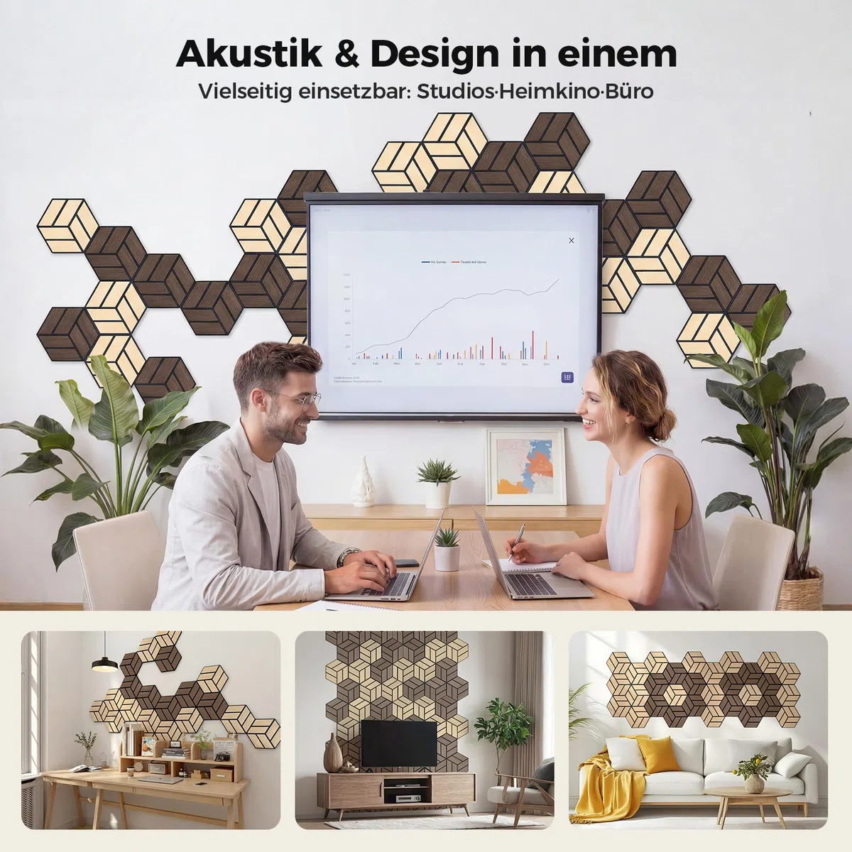 12 Stück Hexagon Akustikplatten Selbstklebend, 30 x 26 x 0,9 cm Hohe Dichte schallabsorber wand, Schallschutzplatten für Studio, Büro, Akustische Behandlung und Gaming deko, Walnuss