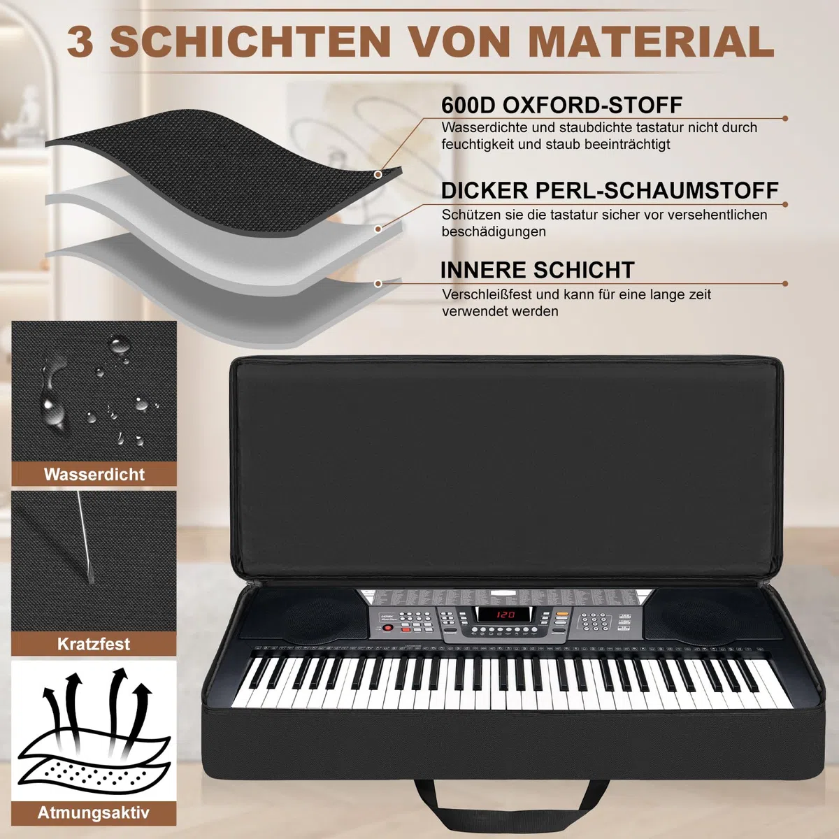 61 Key Keyboard Tasche, Robuste 600D Oxford Keyboardtasche 61 Tasten mit 10 mm Polsterung, Keyboard-Gigbag mit Griffen und Schultergurten für Digitales E-Piano (Schwarz)
