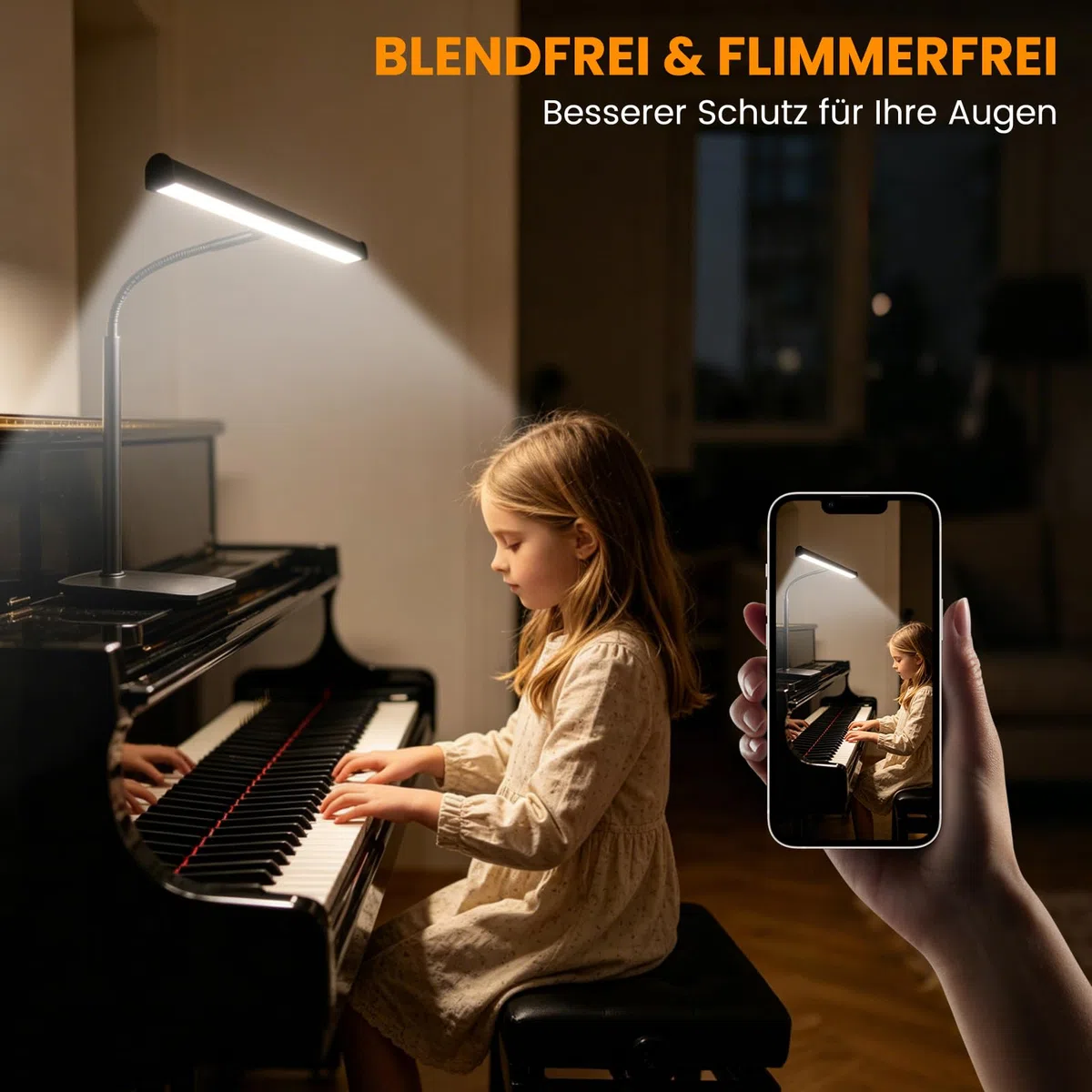 LED Klavierlampe, 3 Farbmodi, 10 Helligkeitsstufen dimmbar, USB betrieben, 360 Grad flexibler Schlauch, stabiler Metallsockel, geeignet für Klavier, Flügel, E-Piano und Schreibtisch