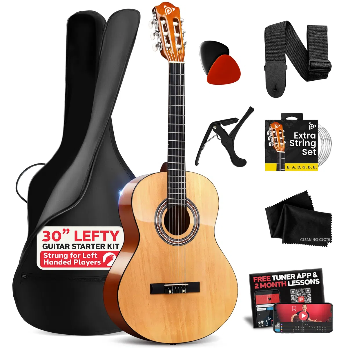 Pyle Akustikgitarre für Linkshänder, Anfänger, 1/4 Junior-Größe, aus Holz, Nylon-Saiteninstrument mit Kapodaster, Gurt, extra Saiten-Set, Gigbag, Gitarren für Anfänger, Erwachsene, Jugendliche, 76,2