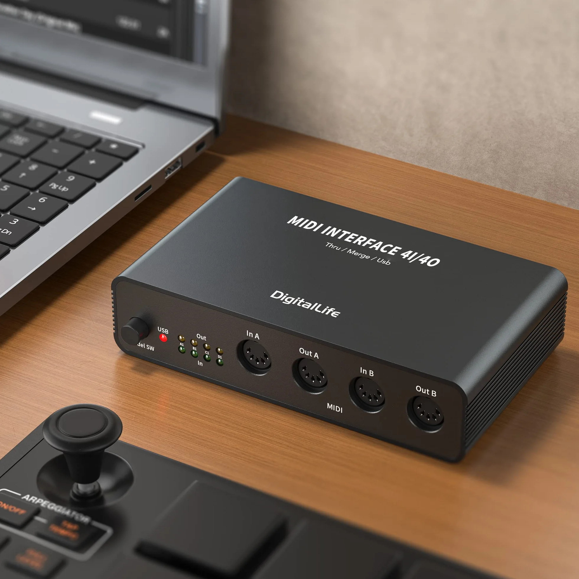 DigitalLife Quad I/O Pro 4x4 USB MIDI Interface Box – 5-Pin-DIN Merge/Thru/Splitter, Metallgehäuse mit 8 LED-Anzeigen für Keyboards, Synthesizer, Drum Machines & Live-Auftritte | UMB06-B