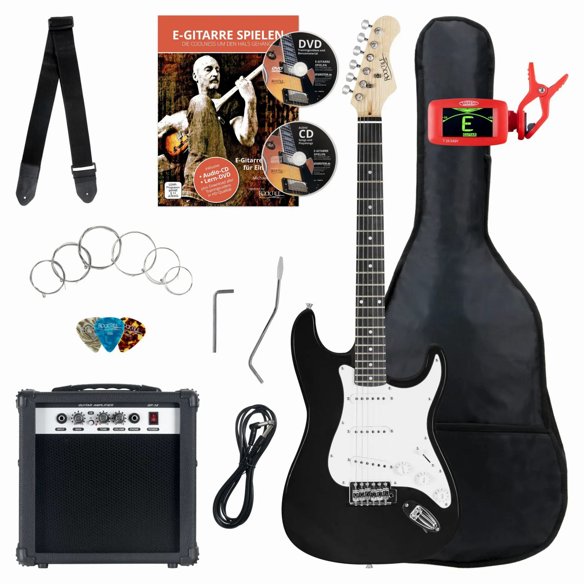 Rocktile ST-Pack Komplettset E-Gitarre Black (Verstärker, Stimmgerät, Tremolo, Tasche, Kabel, Gurt, Plecs, Ersatzsaiten und Schule mit CD/DVD)