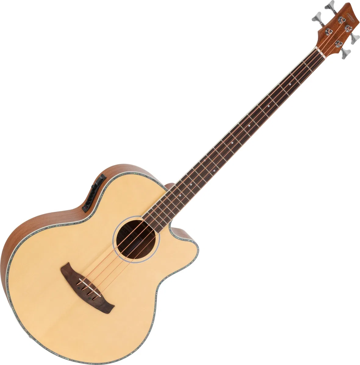 Classic Cantabile Jumbo Akustik Bass mit Tonabnehmer - 4 Saitige Bassgitarre - Jumbo mit Cutaway - Fichtendecke, Mahagoni-Korpus, Mahagoni-Hals, Palisander-Griffbrett - Farbe & Finish in Natur Matt