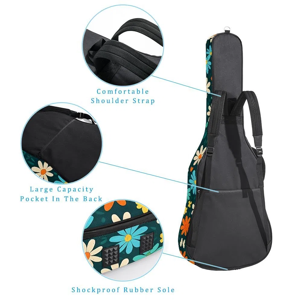 Gitarrentasche, volle Größe, 99 cm, 101,6 cm, 104,1 cm, für Akustikgitarre, Konzertgitarre, 10 mm dick, gepolstert, Gänseblümchen-Motiv, wasserdicht, mit Tasche, verstellbarer Schultergurt