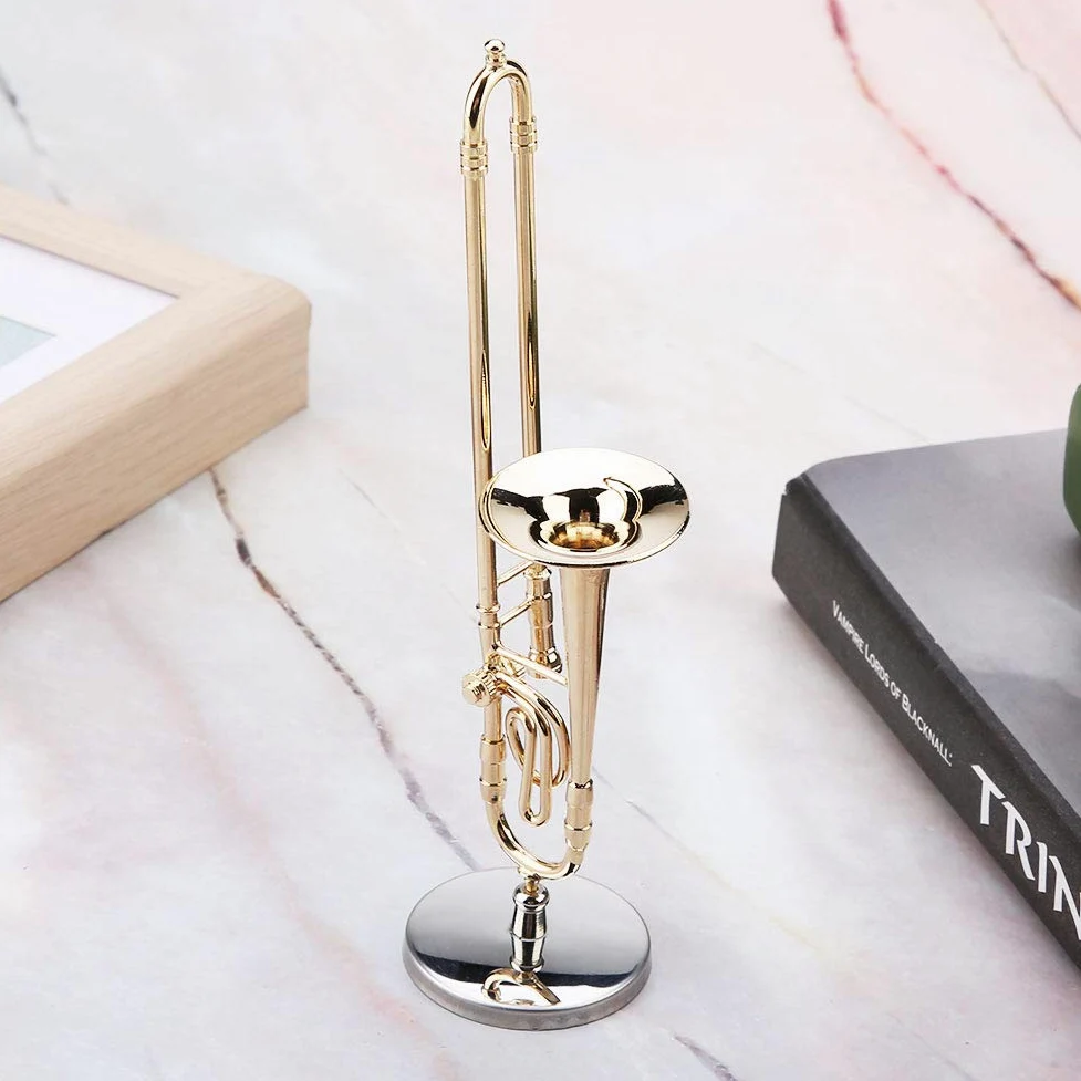 Miniatur-Posaune, Mini-Musikinstrument, Ornament, Vergoldetes Musikmodell Mit Ständer Und Geschenketui Für Kinder, Geburtstag, Weihnachten