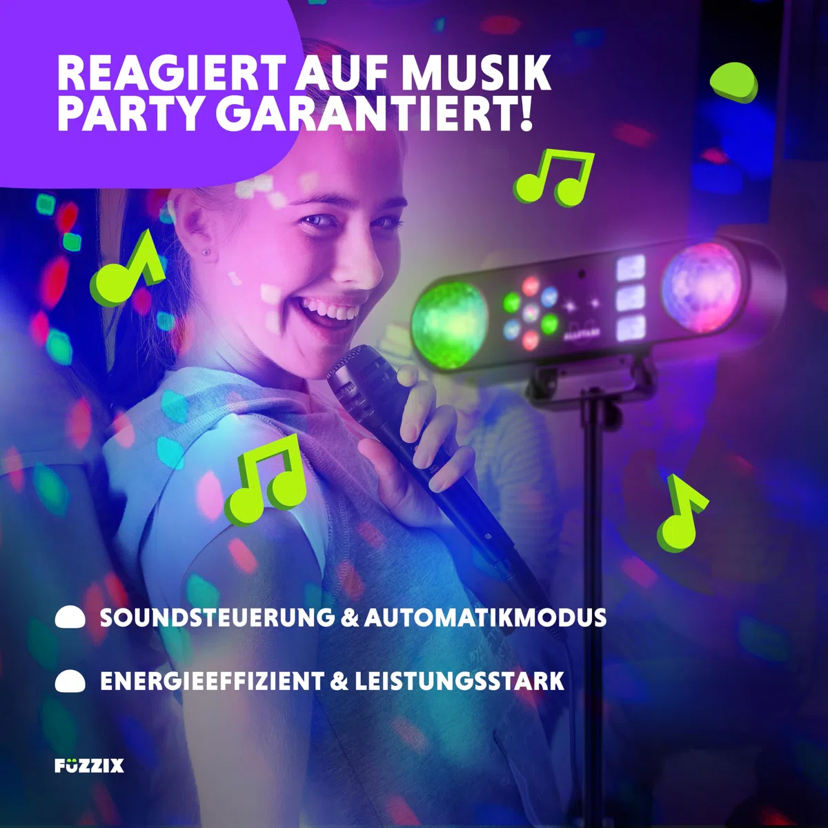 Fuzzix AllStar3 LED Disco Licht, Discolicht mit 2x Disko Kugel, UV Stroboskop, Washer, rot/grünes Patern, musikgesteuerte Partybeleuchtung für DJs mit Stativ & Fernbedienung