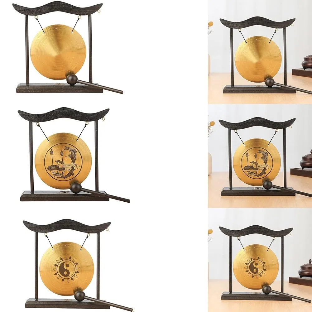 Tisch-Gong-Sets, chinesischer Desktop-Gong, Messing-Percussion, Mini-Tisch-Gongs, Feng Shui, Heimdekoration mit Holzsockelrahmen für Heimdekoration, Büro, dekoratives Ornament