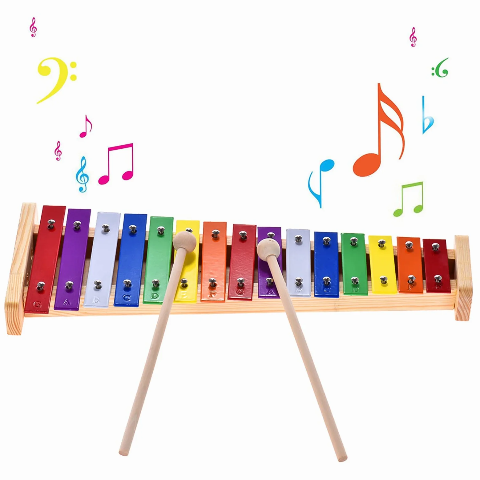 Buntes Xylophon 15 Töne Regenbogentaste Xylophon mit 2 Schlägeln Windspiel Holz und Aluminium Percussion Instrument Ideal als Geschenk für pädagogische Instrumente