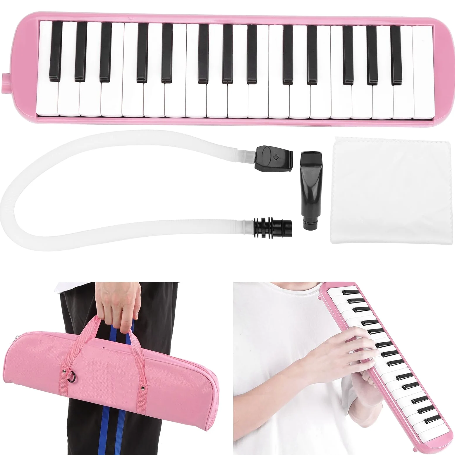 Melodica 32 Tasten, lange flexible Tastenmelodica mit Mundstück Tasche rosa für Musikschüler Kreative Reisende