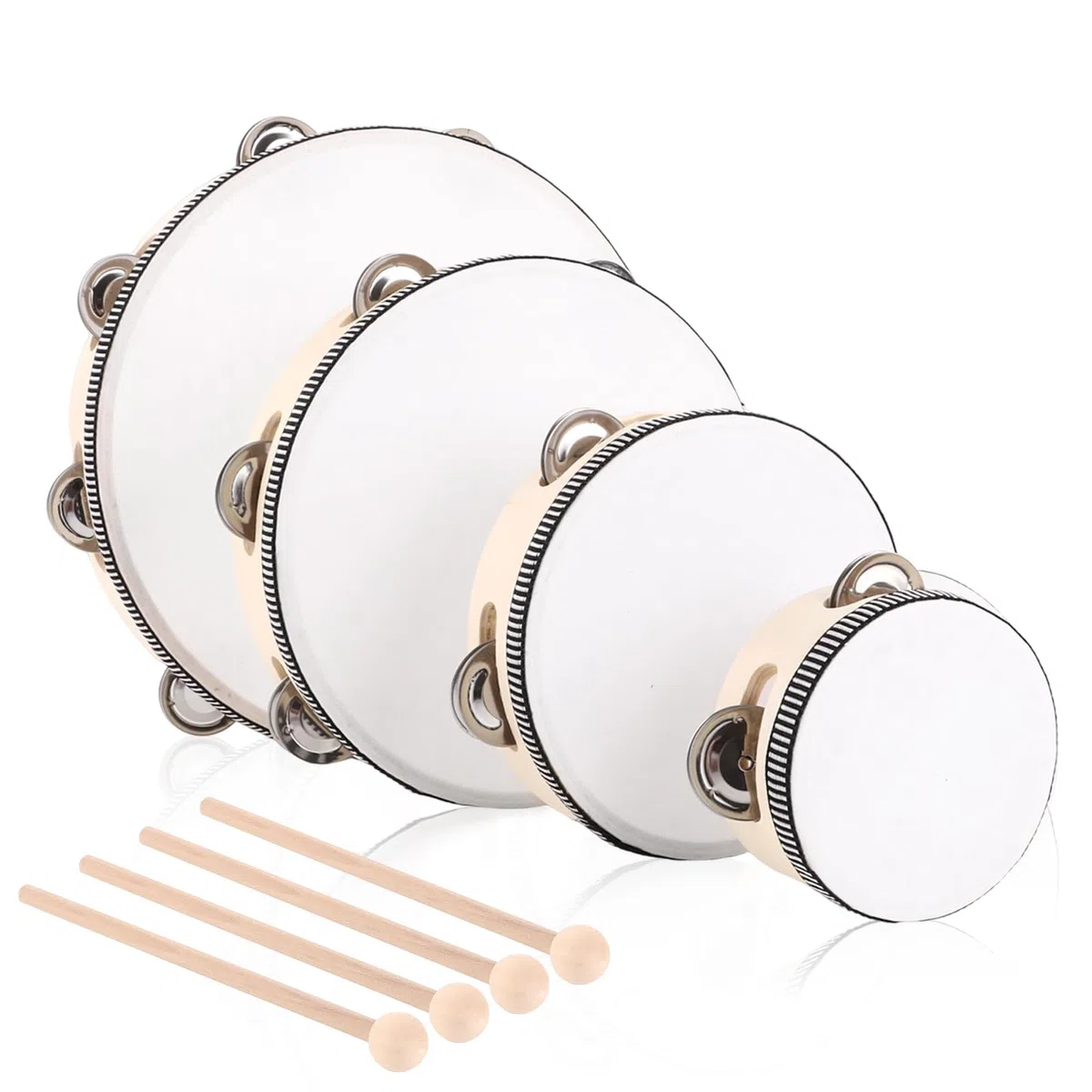 MIVIDE 4-Teilig Handtrommel mit Schlägel, Holz Tambourin, Handtrommel Set für Party, Leistungen(4zoll, 6zoll, 8zoll und 10zoll)