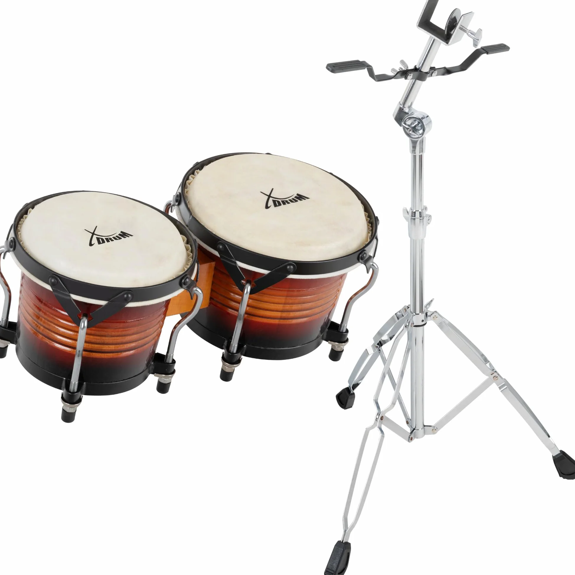 XDrum Bongos Pro Vintage Sunburst - 2 Trommeln mit 6,5" (17 cm) und 7,5" (20 cm) Durchmesser - Bongotrommeln mit stimmbaren Naturfellen, Stimmschlüssel und Ständer - Holztrommeln Rotbraun