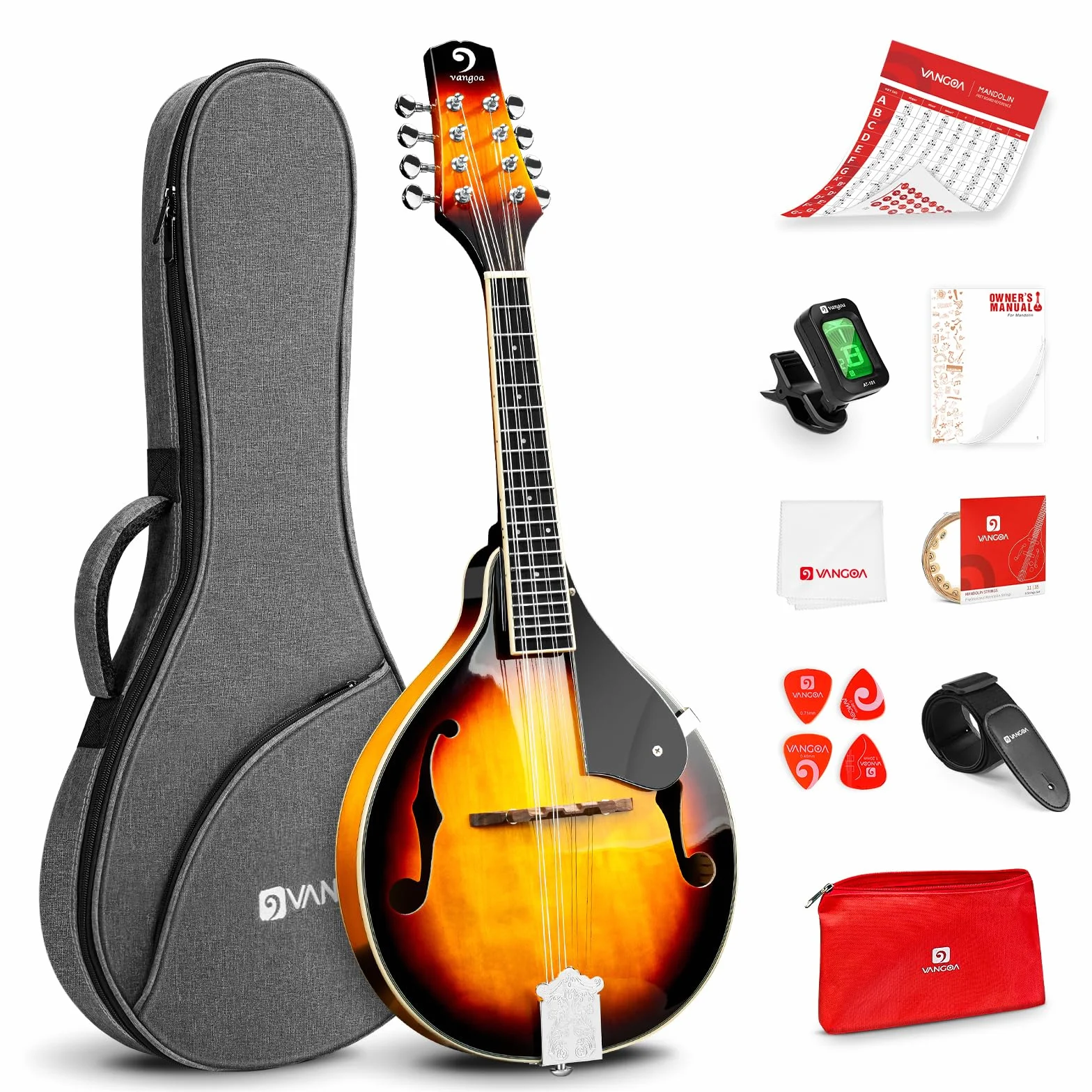 Vangoa Akustische Mandolinen Instrument 8 Saiten A-Stil Sunburst Mandoline Set für Anfänger Erwachsene Studenten Kinder mit Gigbag, Stimmgerät, Saiten, Plektren