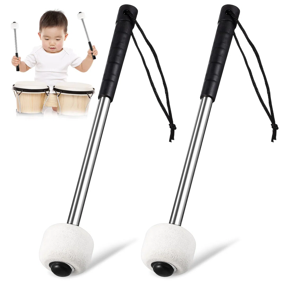 Vaguelly 2 Stück Drum Mallets Mit Filzkopf Und Edelstahlgriff Leichte Trommelstöcke Für Schüler Und Erwachsene Tragbare Percussion Schlägel Für Schlagzeug Übung Und Marschtrommel