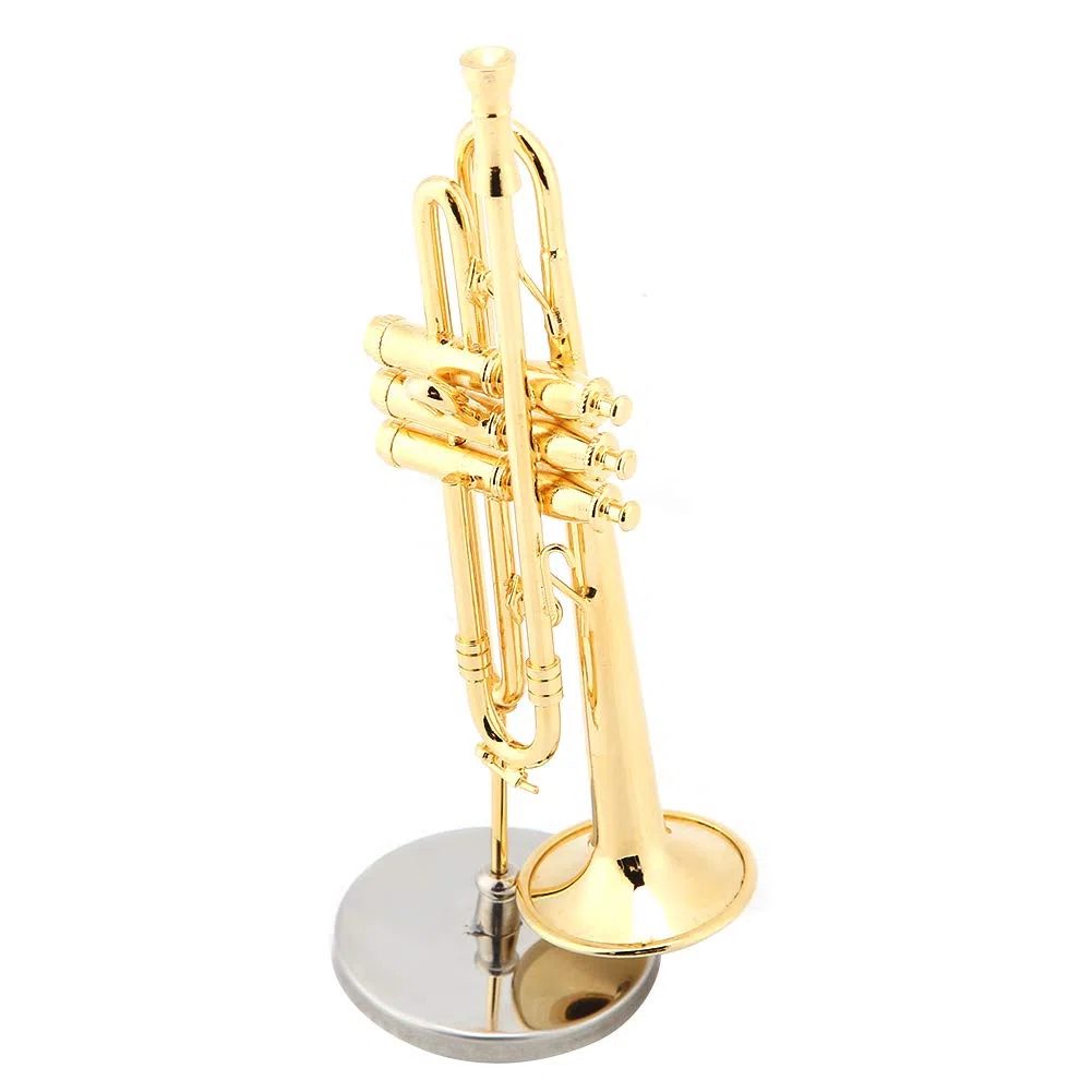Miniatur-Trompetenreplik, Vergoldetes Messing Miniaturtrompete mit Ständer und Holzbox, Exquisites Instrumentenmodell als Dekoration für den Schreibtisch zu Hause und als Geschenks