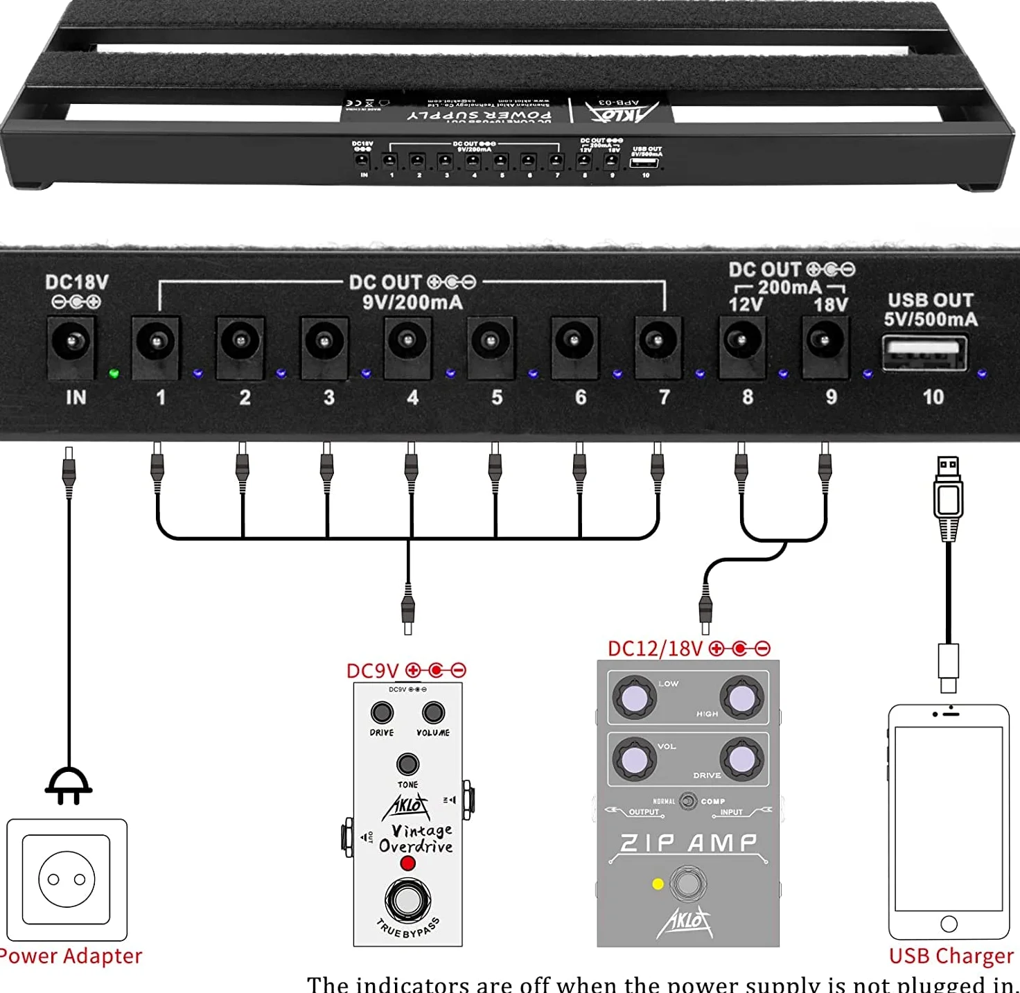 Pedalboard,AKLOT Gitarre Pedal Board mit eingebautem Netzteil Gitarren-Effektpedal Aluminiumlegierung Netzteil 48,5 x 13x 4,3cm mit Tasche Pedalkabel Klettverschluss