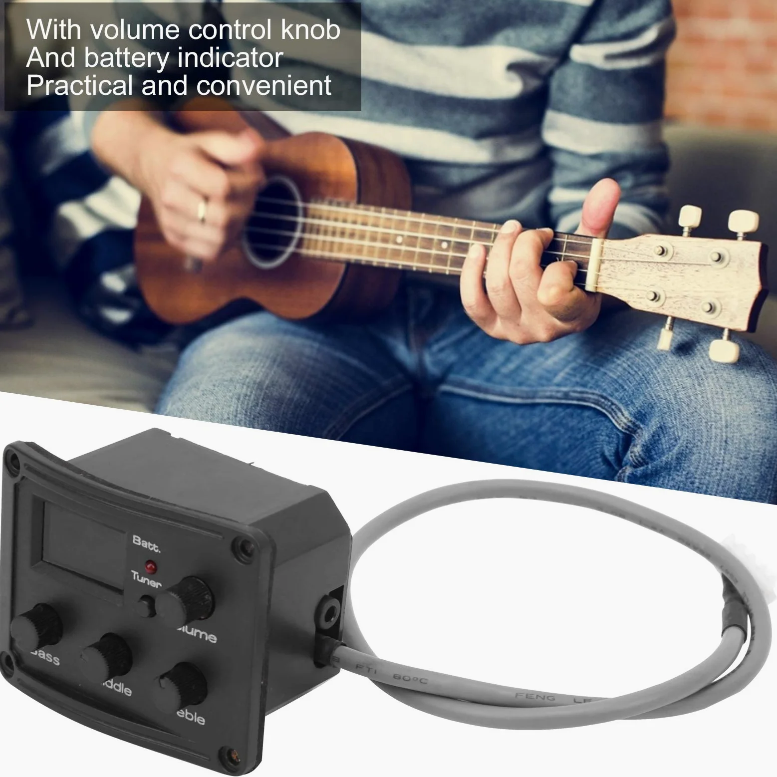 Ukulele Pickup System, 3-Band-Equalizer mit LED-Display und Lautstärkeregler, Tonabnehmer für Musiker auf Bühne Studio und Heimgebrauch