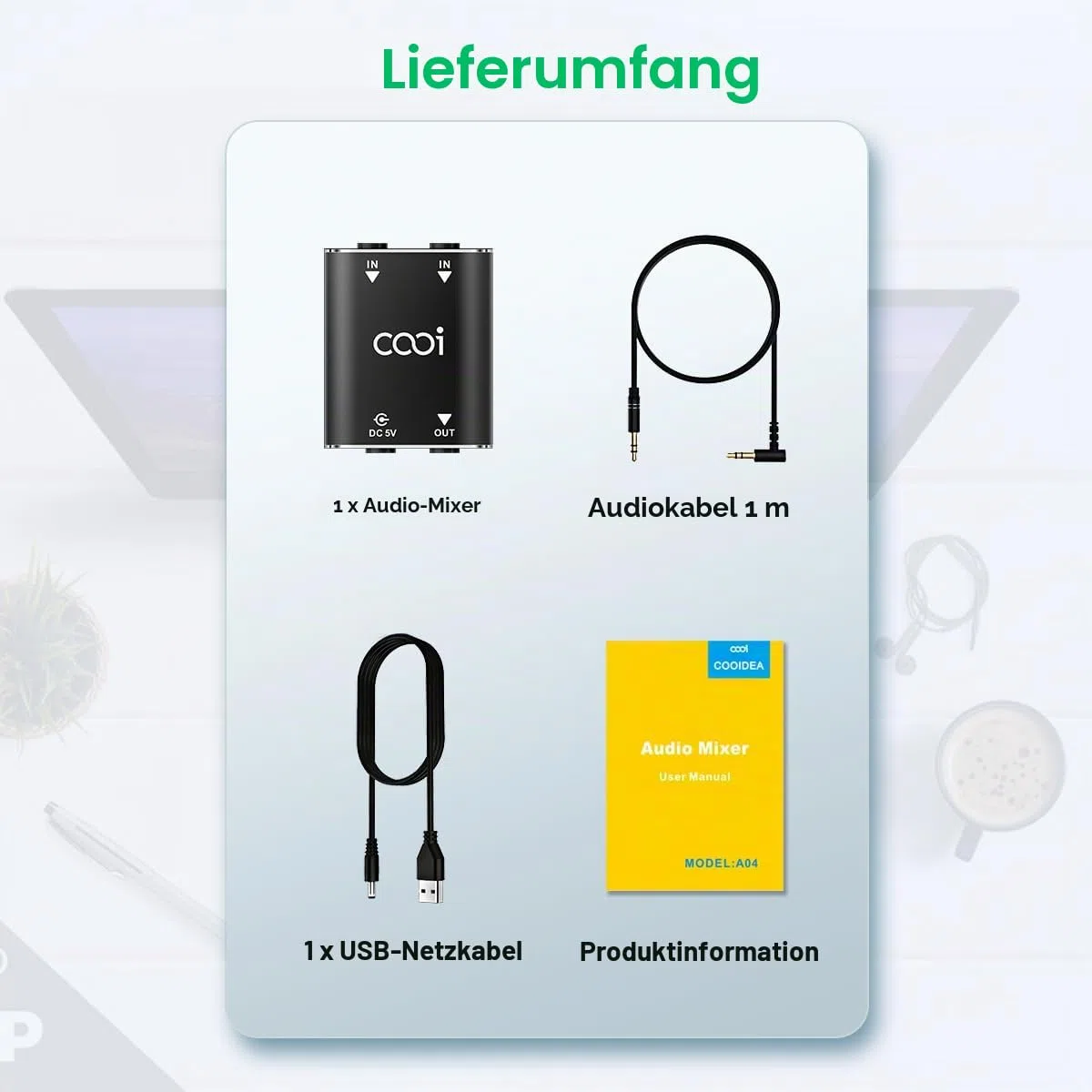 Cooidea 2-Kanal Stereo Audio Mixer - Metallgehäuse, AUX-Schnittstelle unterstützt 2 Eingänge und 1 Ausgang, Mini Mischpult inklusive 1 Meter Audio-Kabel - Für PC, Telefon, Laptop, Kopfhörer