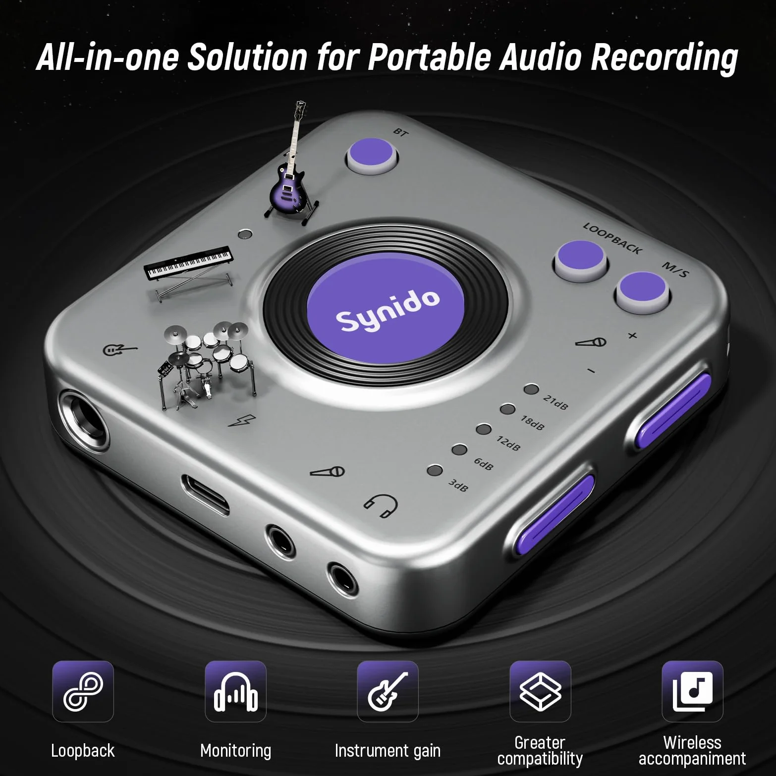 Synido Audio-Interface zum Aufnehmen von Musik mit Instrumenten-Verstärkungssteuerung, 24 Bit/96 kHz, tragbare HiFi-Audio-Schnittstelle, kommt mit USB-C, leichter Audioadapter für
