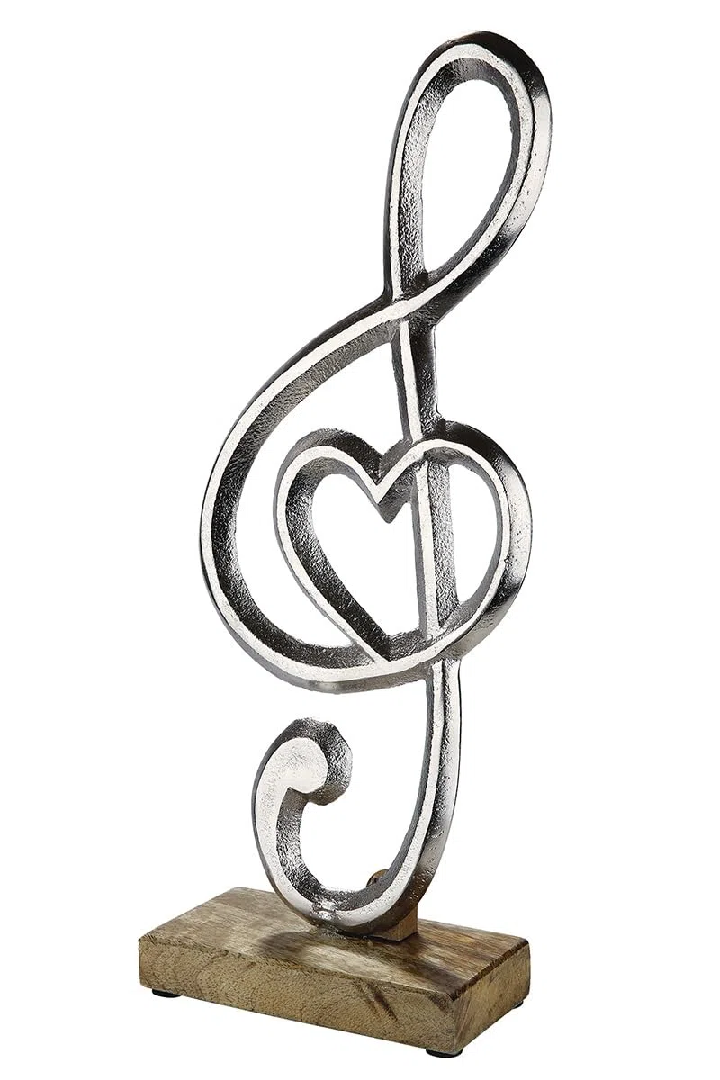GILDE Standrelief Notenschlüssel aus Aluminium und Mangoholz, 39 cm hoch, silberfarben