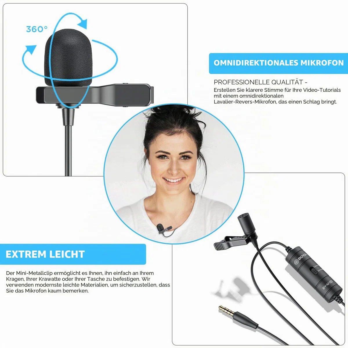 BOYA BY-M1S Professionelles Lavalier-Revers-Mikrofon Omnidirektionales Kondensatormikrofon für iPhone, Android, Smartphone, DSLR, Camcorder, Audio-Recorder, PC Laptop Aufnahme