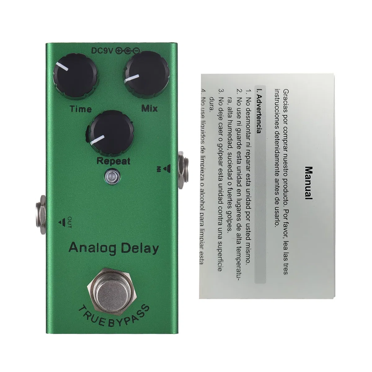 Analog Delay Guitar Effects Pedal with Time Mix Repeat Controls Knob DC 9V 6.35mm Input Output Electric Guitar Effector True Bypass Green Mini Aluminum Design