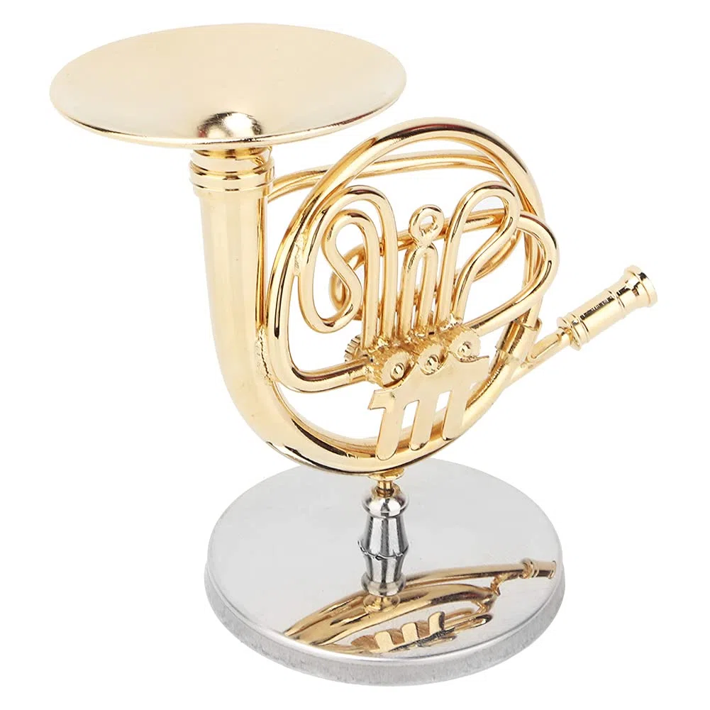 Haofy Verwandte Goldene Mini French Horn Replica Dekorationen mit Grundlegender Unterstützung für Einen Schreibtisch aus Glänzenden und Glänzenden Regalen für Musiker und