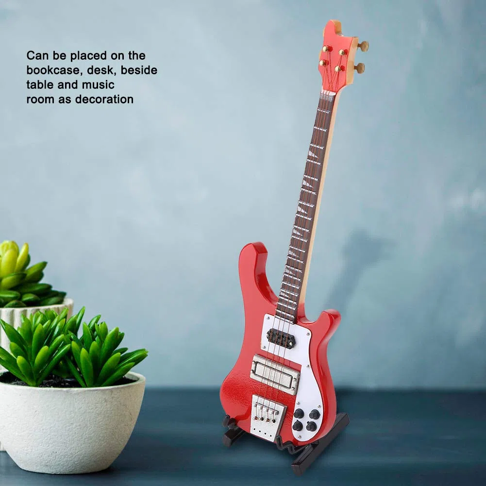 Rot E-Bass Modell Miniatur - Mini-Bass Sammlungsstück als dekorativer Musikinstrument-Ornament, für Musiker und Instrumentensammler