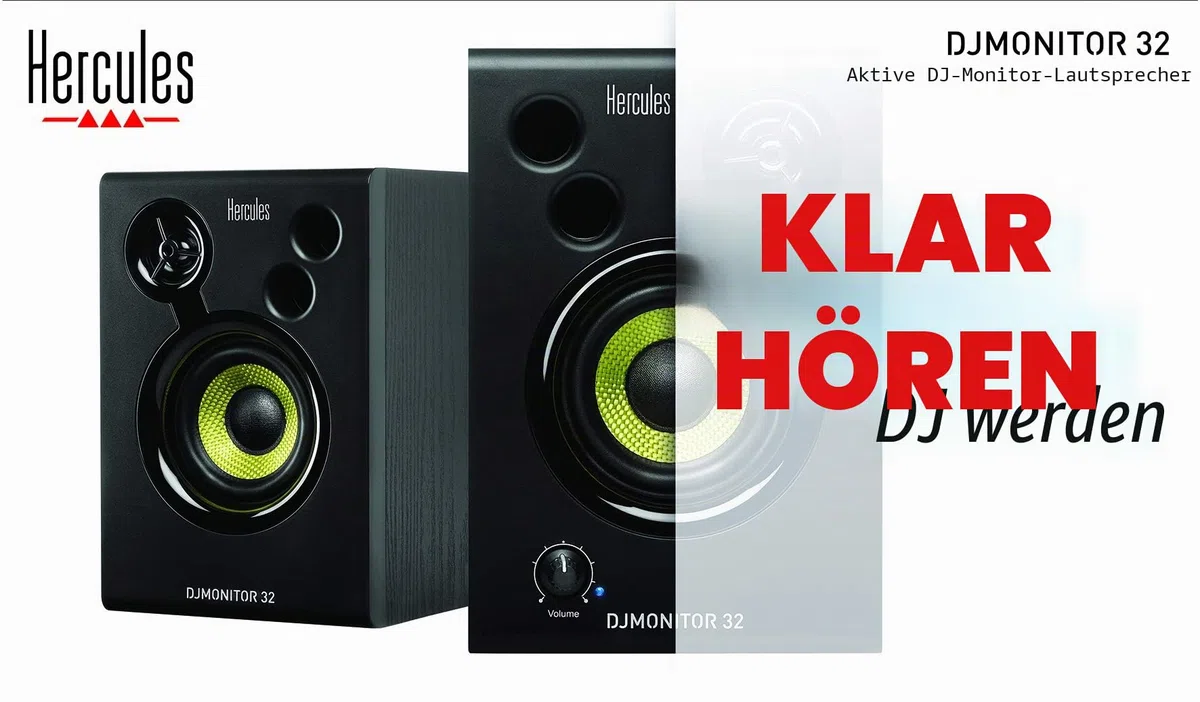 Hercules DJSpeaker 32 Party - 2 x 15 Watt RMS Aktive Monitor Lautsprecher mit eingebauten Lichteffekten, Schwarz
