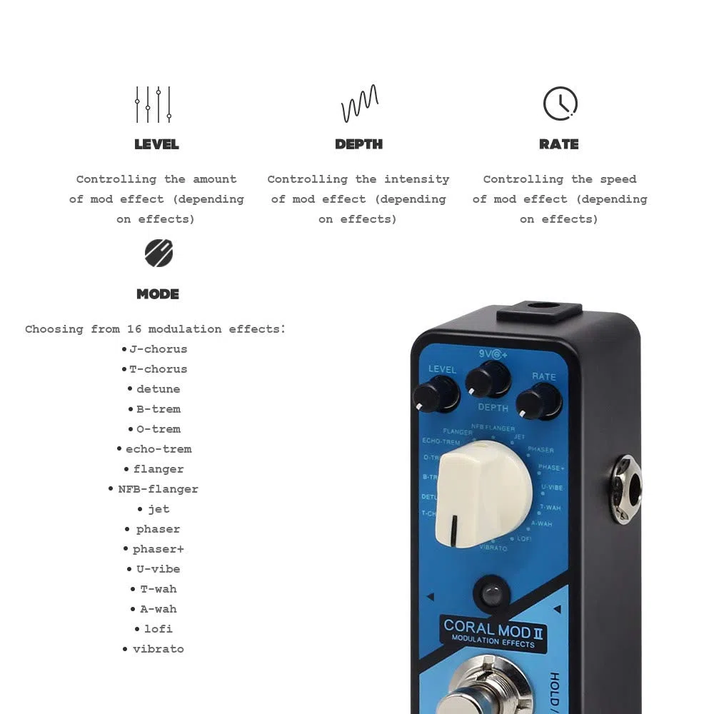 Valeton Coral Mod II Digital Modulation Chorus Flanger Phaser Univibe Tremolo Lofi Multi-Effekt Gitarre Bass Pedal