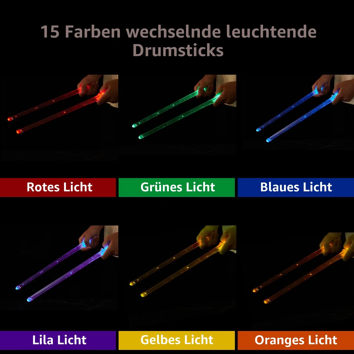 15 Farben LED Leuchten Trommelstock 5A, Beleuchtete Drumsticks